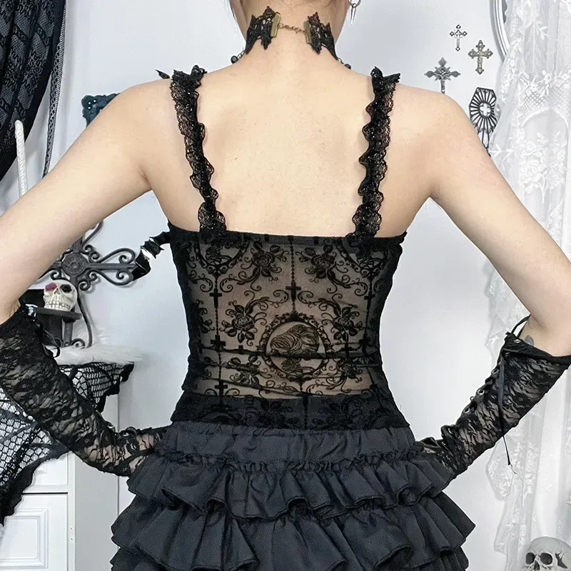 Women Dark Gothic Sexy Lace Sling Top - Image 4