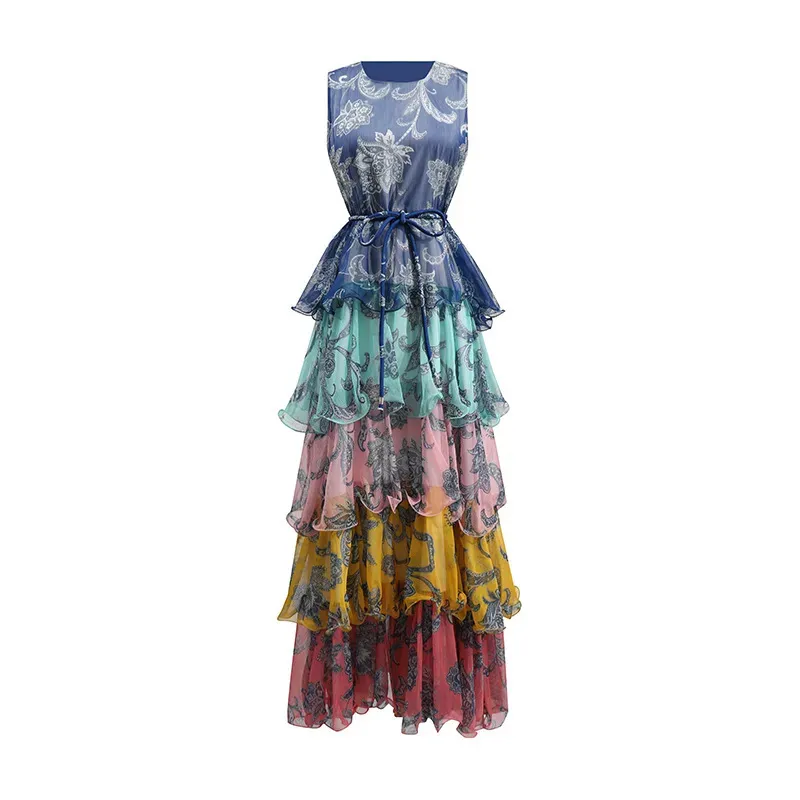 Women Fashion Elegant Boho Floral Printed Ruffled Sleeveless Dress - Image 4