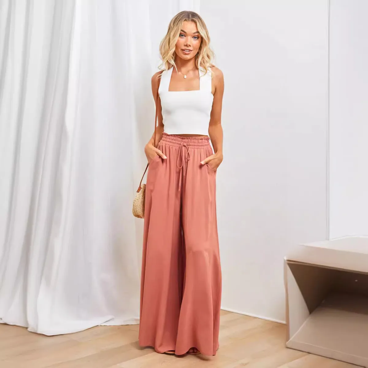 Spring And Summer Casual Wide Leg Loose Casual Women Solid Pants - Image 3