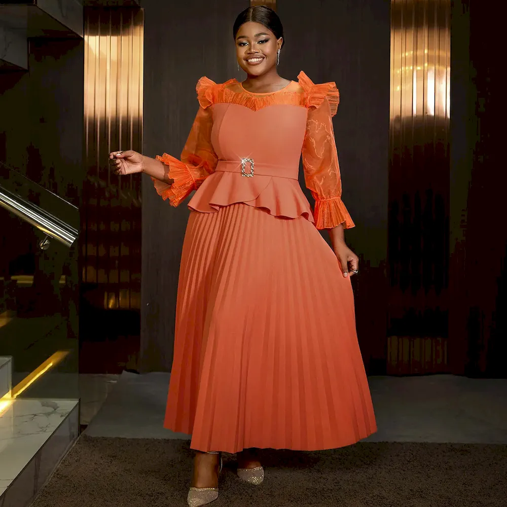 African Women Round Neck Puff Sleeve Pleated Banquet Elegant Club Dress