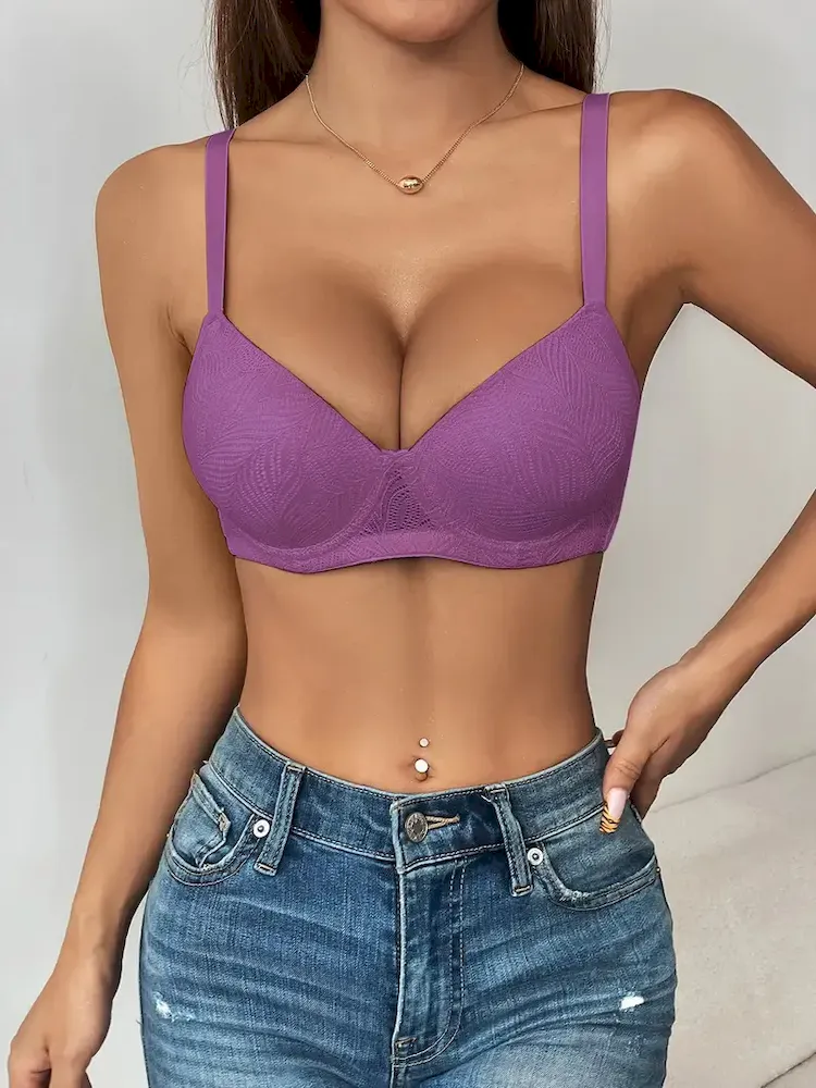 Women Fashion Plus Size Solid Color Lace Steel Rings Bra - Image 2