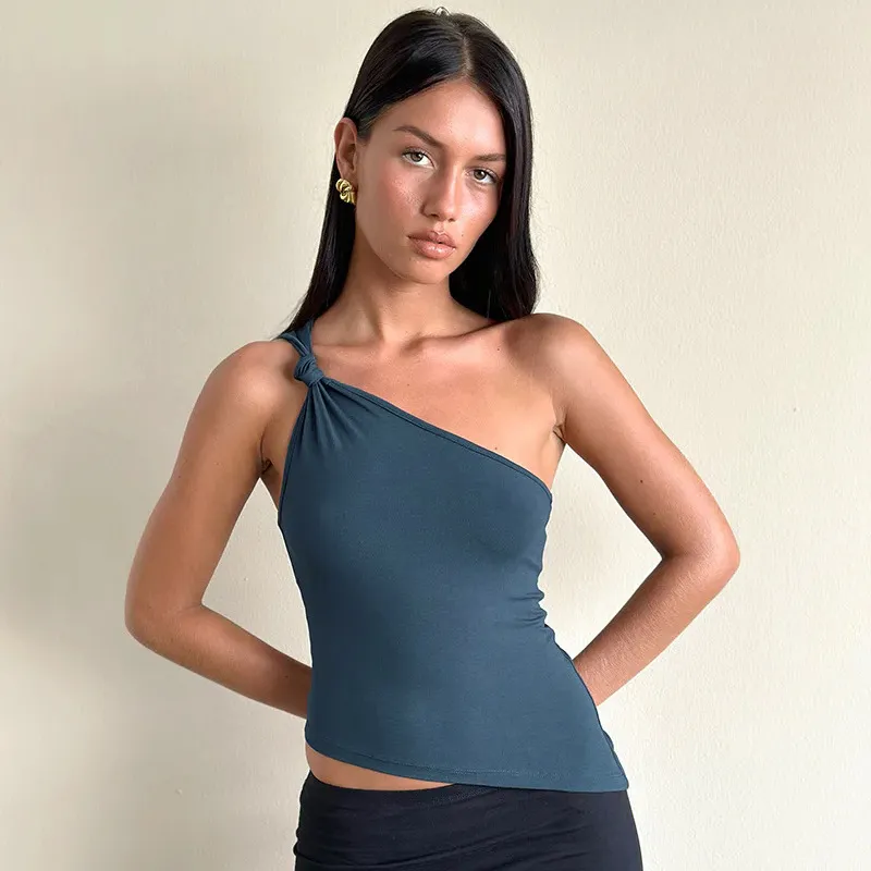 Women Fashion Sexy Solid Color Slanted Shoulder Tank Top