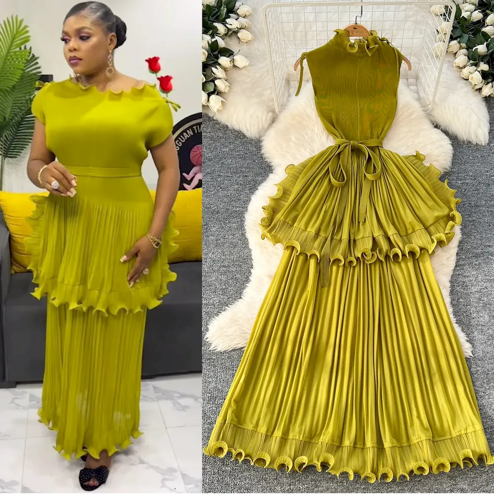 African Women Summer Pleated Ruffled Elegant Chic Solid Color Maxi Dress - Image 3