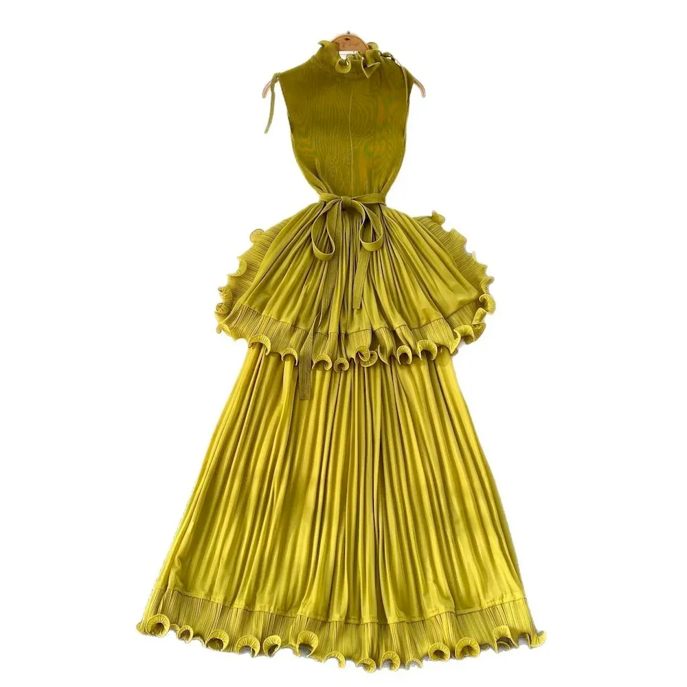 African Women Summer Pleated Ruffled Elegant Chic Solid Color Maxi Dress - Image 4