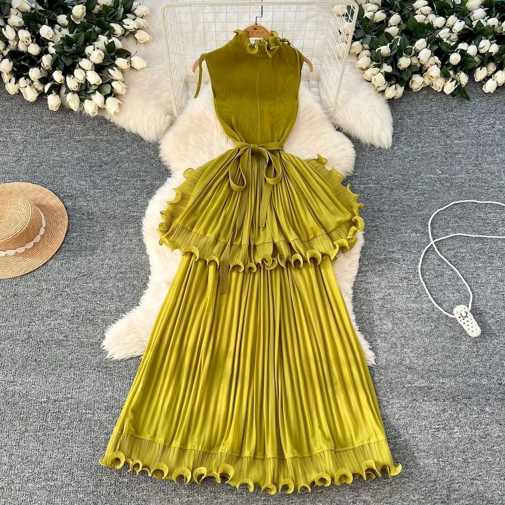 African Women Summer Pleated Ruffled Elegant Chic Solid Color Maxi Dress - Image 6