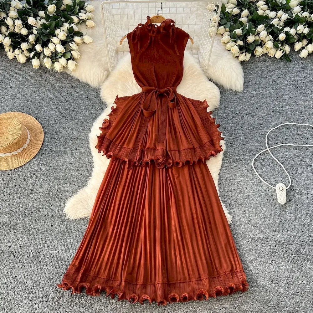 African Women Summer Pleated Ruffled Elegant Chic Solid Color Maxi Dress - Image 8