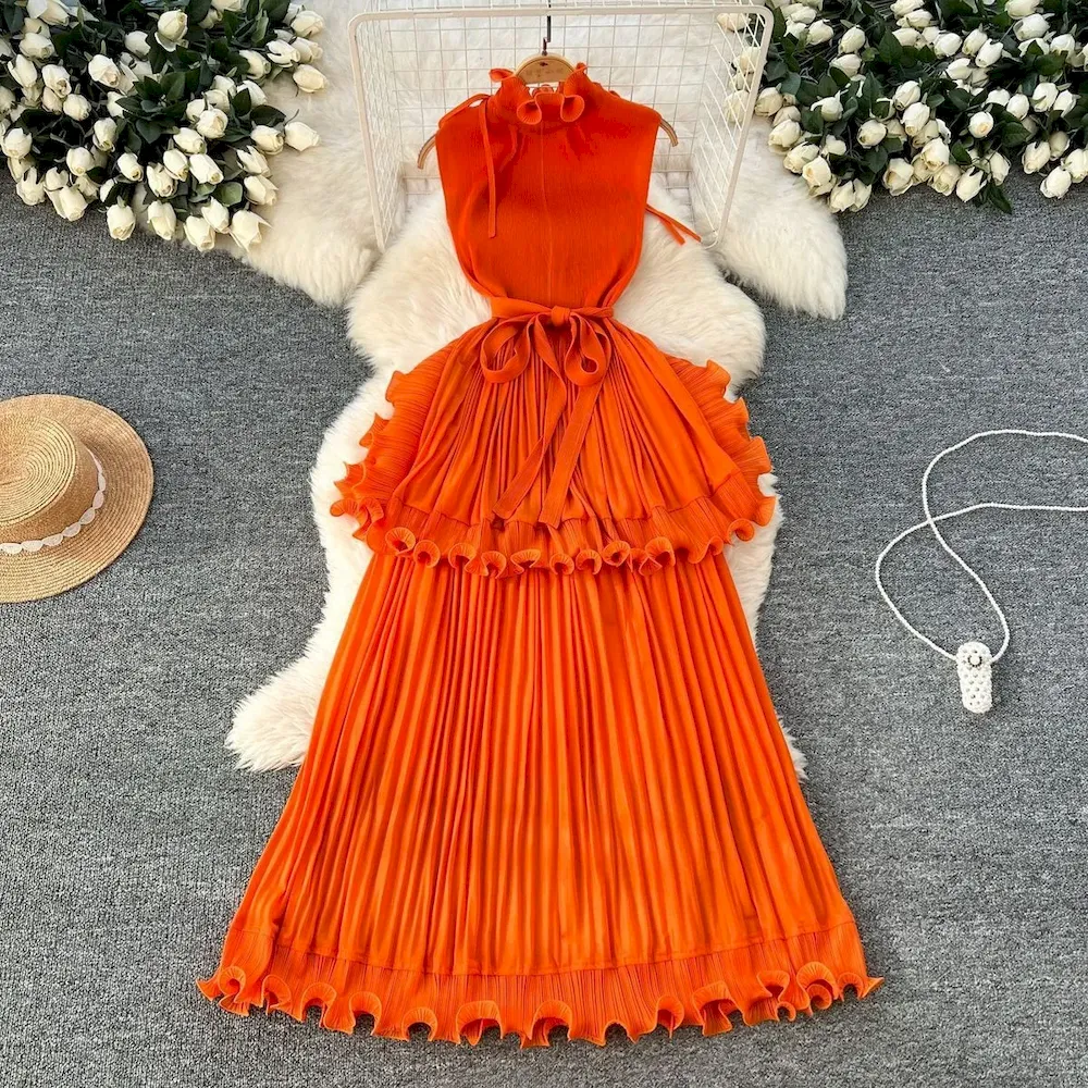 African Women Summer Pleated Ruffled Elegant Chic Solid Color Maxi Dress - Image 9