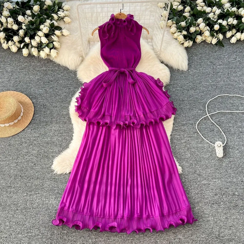 African Women Summer Pleated Ruffled Elegant Chic Solid Color Maxi Dress - Image 10