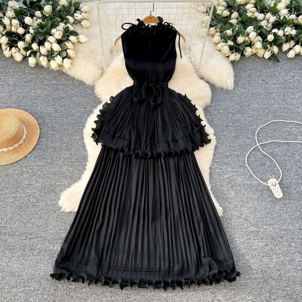 African Women Summer Pleated Ruffled Elegant Chic Solid Color Maxi Dress - Image 13