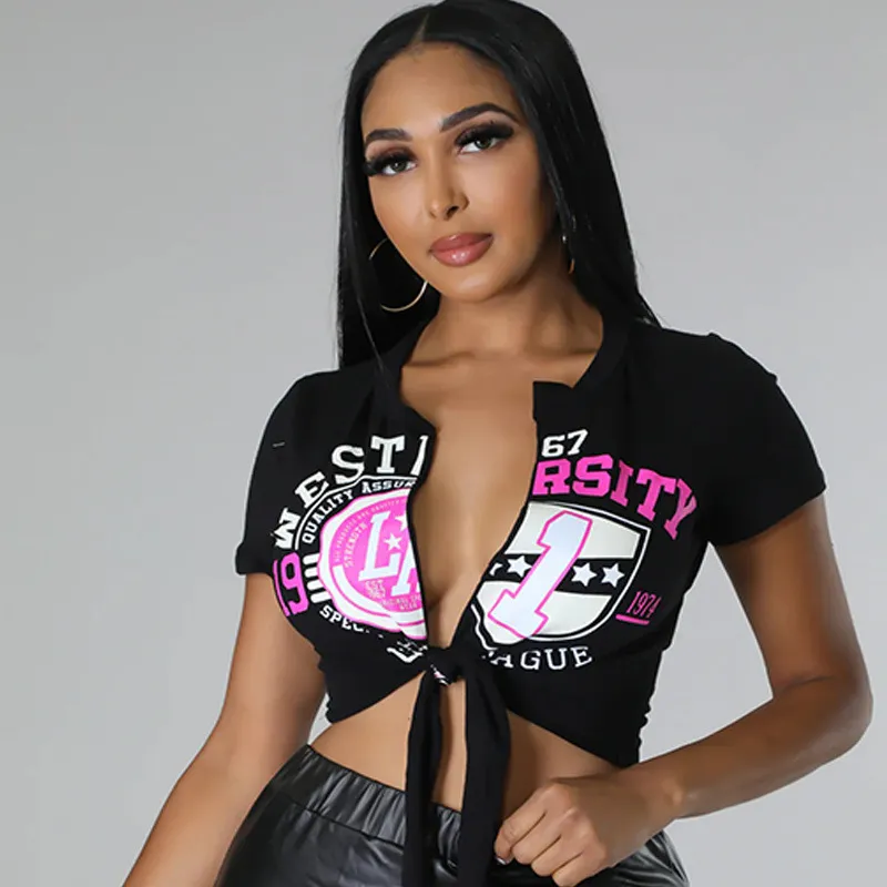 Women Sexy Short Sleeve Knotted Crop Top - Image 3