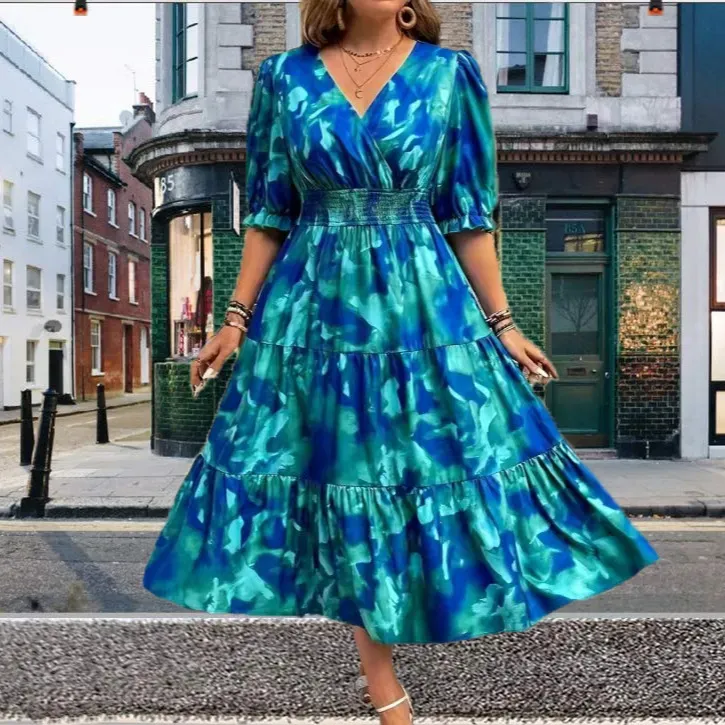 Women Fashion Elegant Plus Size Floral Print V-Neck Short-Sleeve Pleated Dress - Image 3