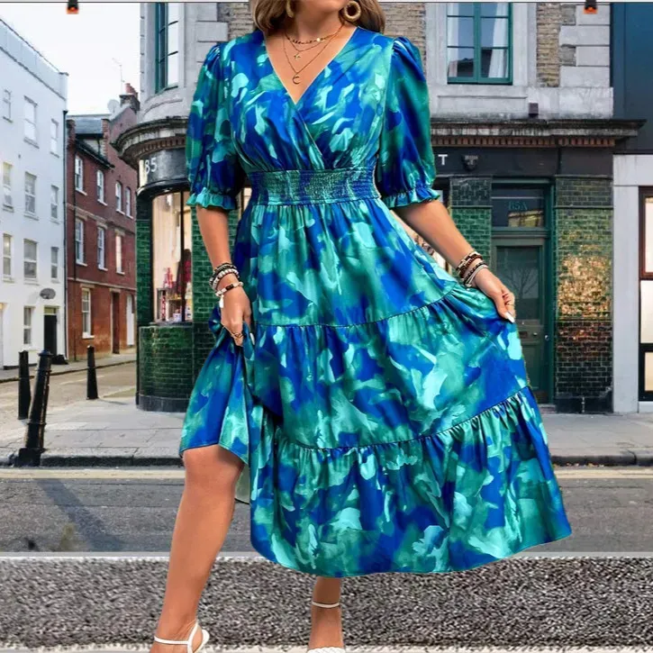 Women Fashion Elegant Plus Size Floral Print V-Neck Short-Sleeve Pleated Dress - Image 4