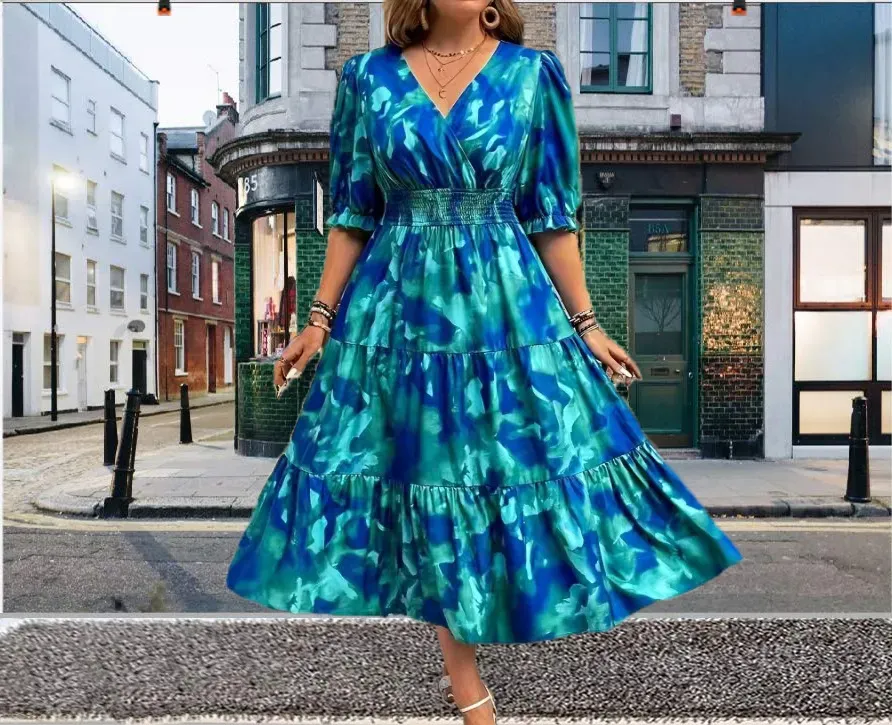 Women Fashion Elegant Plus Size Floral Print V-Neck Short-Sleeve Pleated Dress - Image 5