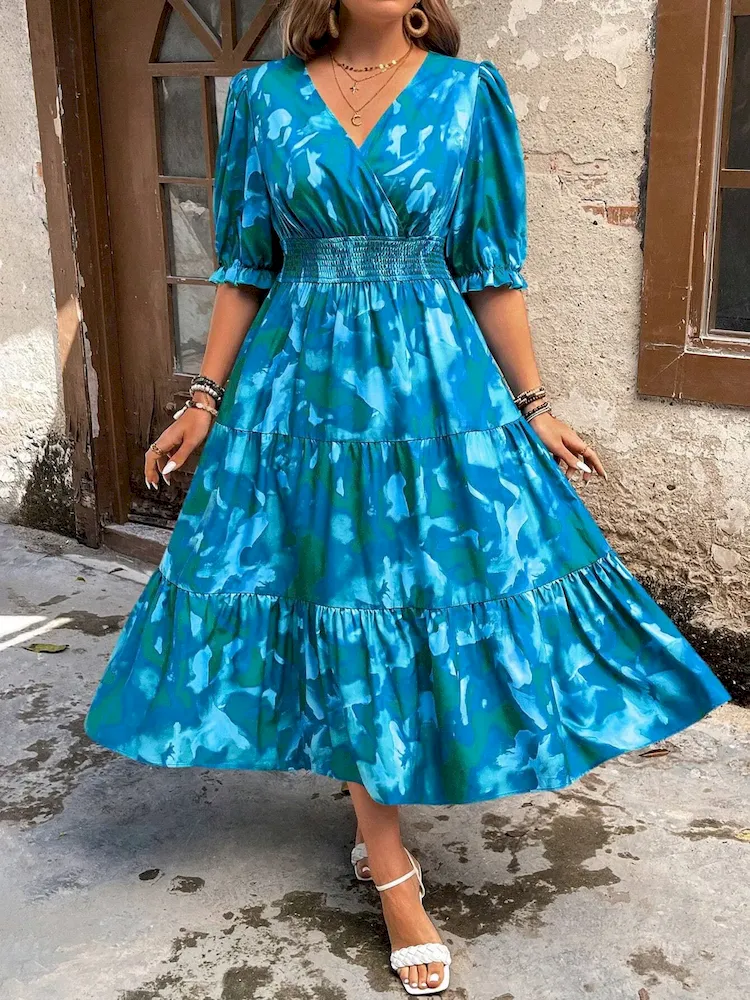 Women Fashion Elegant Plus Size Floral Print V-Neck Short-Sleeve Pleated Dress - Image 6