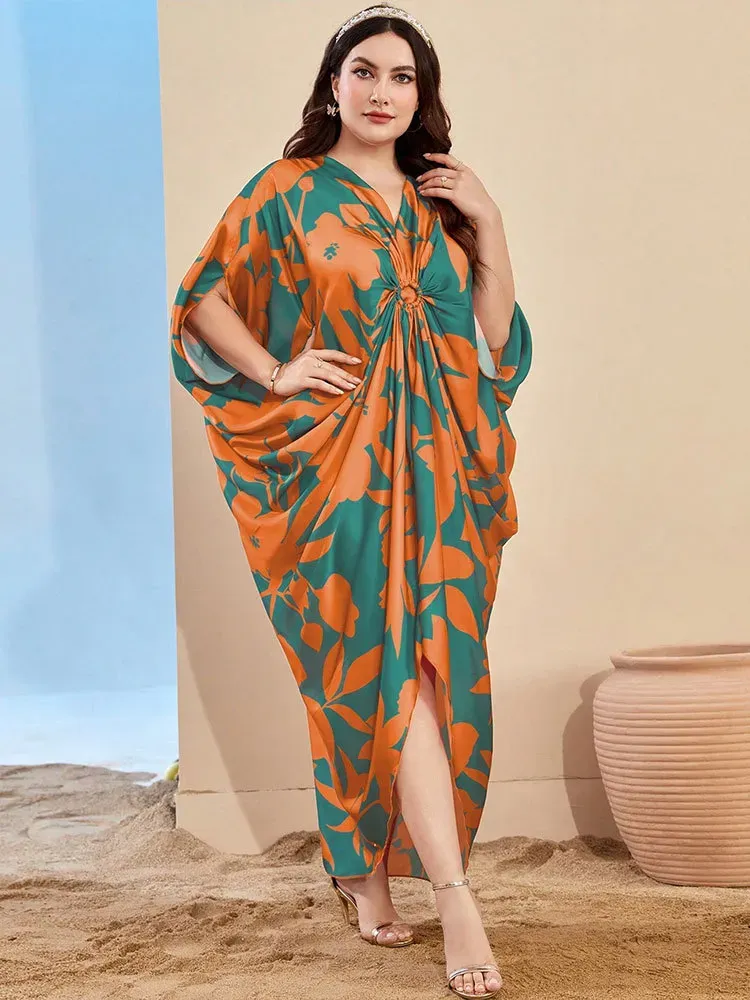 Women Fashion Elegant Print V-Neck Short-Sleeve Pleated Loose Dress - Image 3