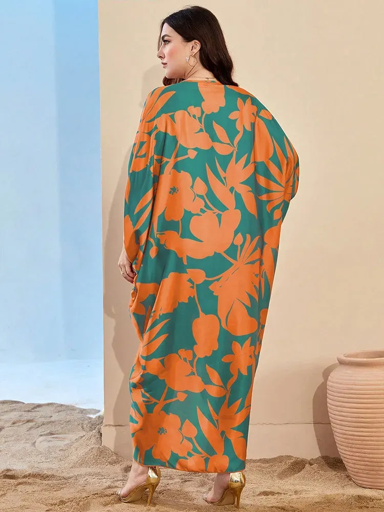 Women Fashion Elegant Print V-Neck Short-Sleeve Pleated Loose Dress - Image 4