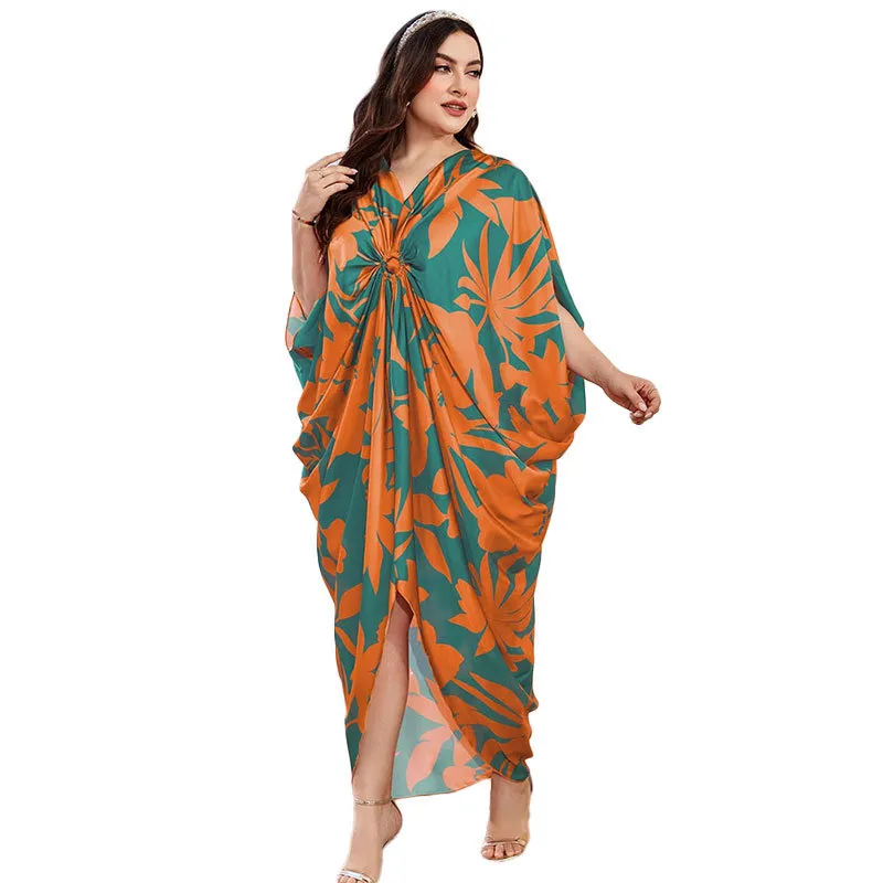 Women Fashion Elegant Print V-Neck Short-Sleeve Pleated Loose Dress - Image 5