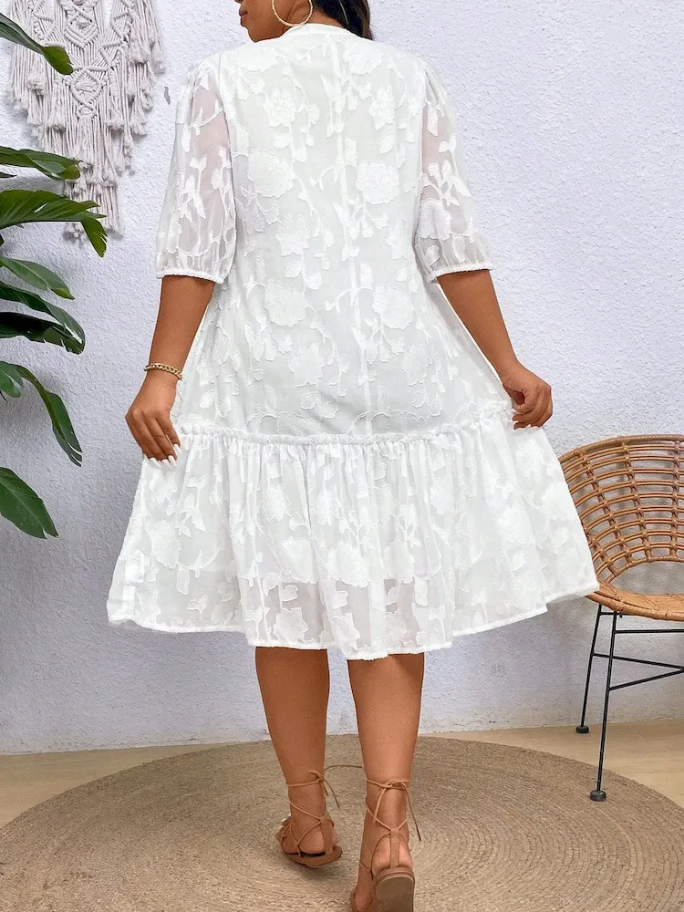 Women Fashion Elegant Plus Size Jacquard Stitching V-Neck Short-Sleeve Pleated Lace-Up Dress - Image 4
