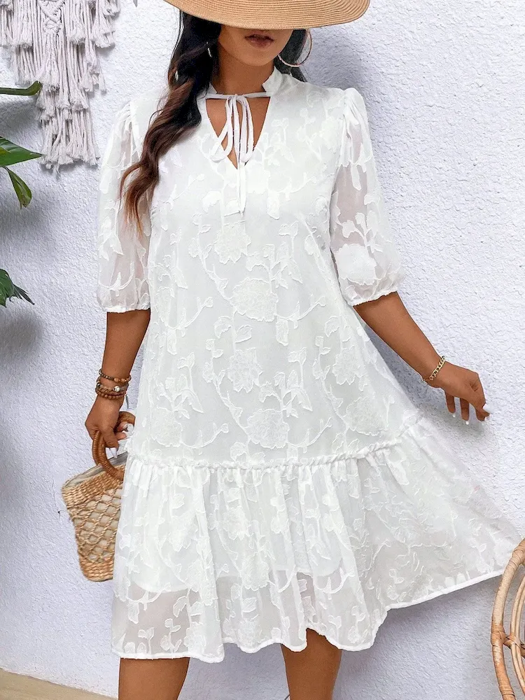 Women Fashion Elegant Plus Size Jacquard Stitching V-Neck Short-Sleeve Pleated Lace-Up Dress - Image 5