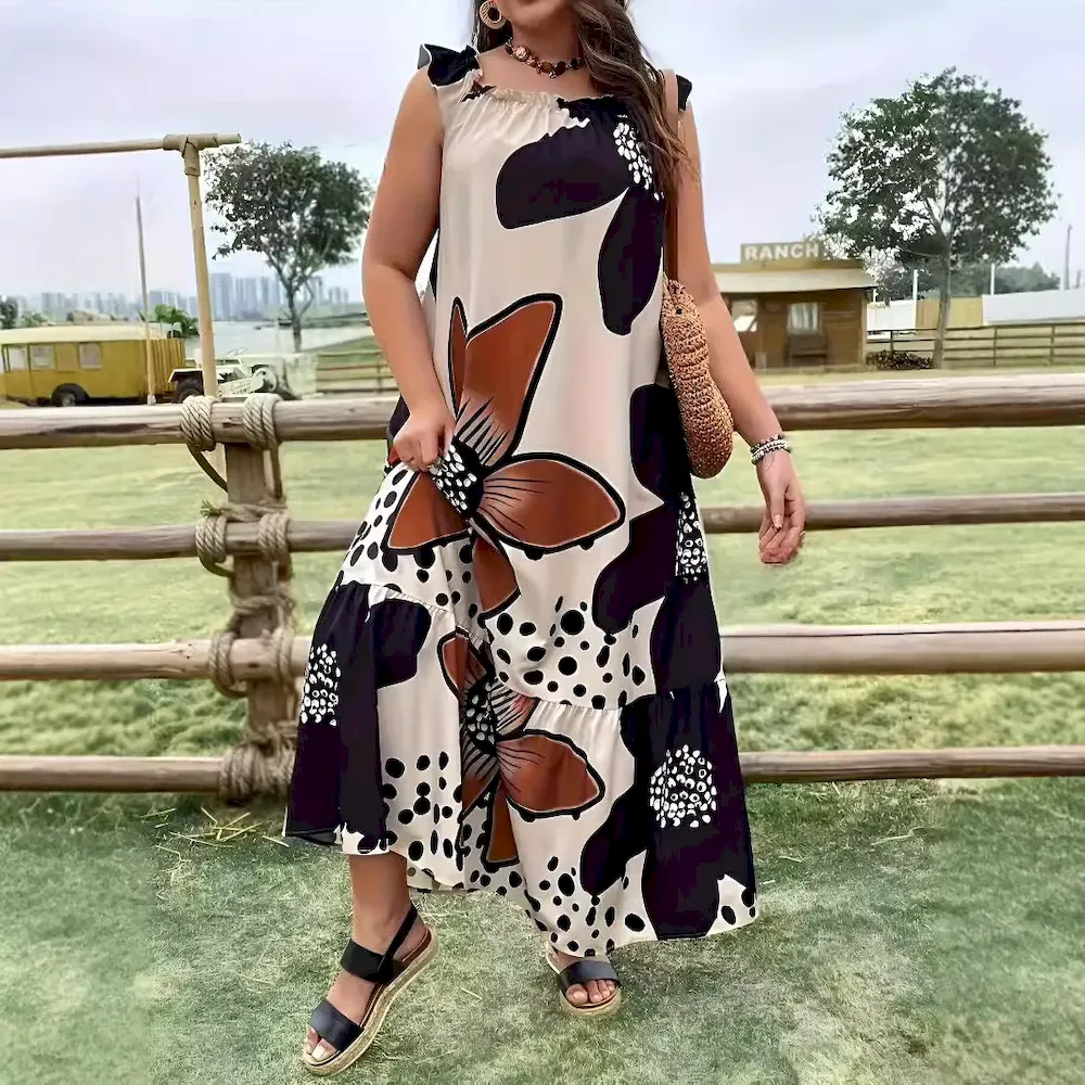 Women Fashion Casual Plus Size Floral Printed Sleeveless Pocket Loose Dress - Image 2