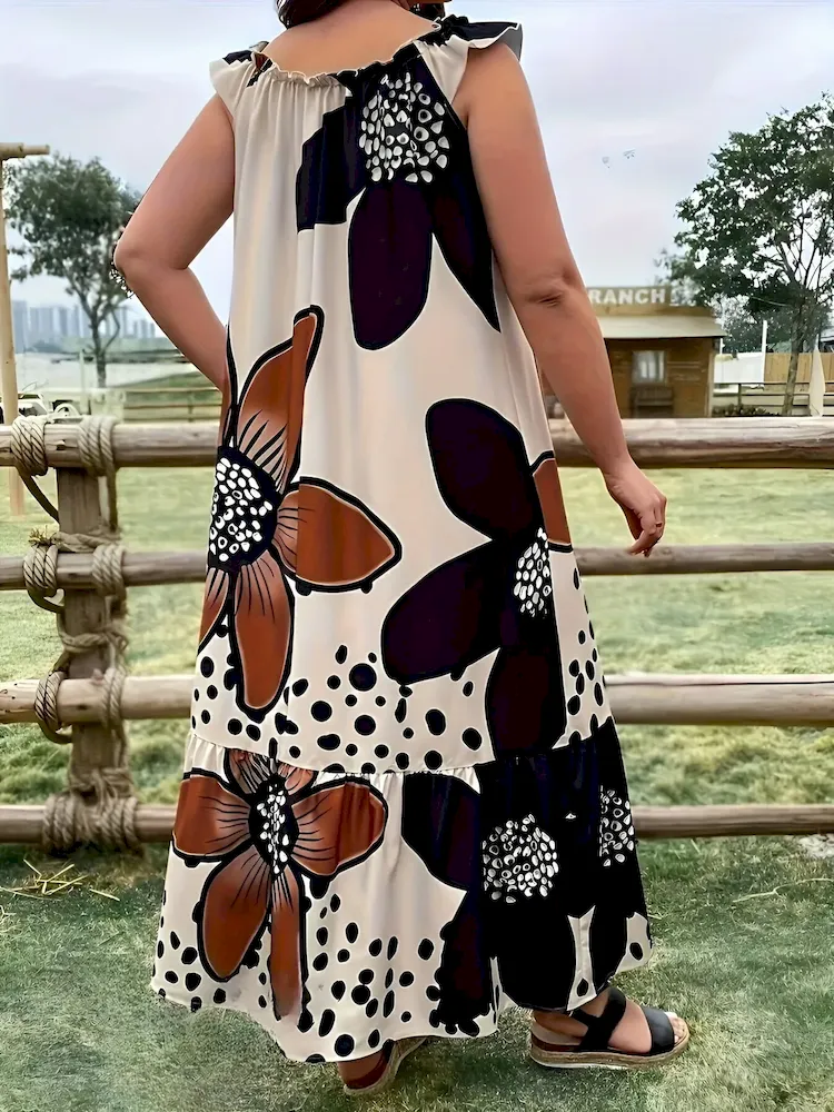 Women Fashion Casual Plus Size Floral Printed Sleeveless Pocket Loose Dress - Image 3