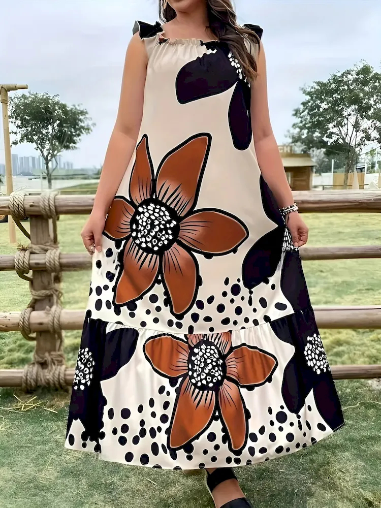 Women Fashion Casual Plus Size Floral Printed Sleeveless Pocket Loose Dress - Image 4