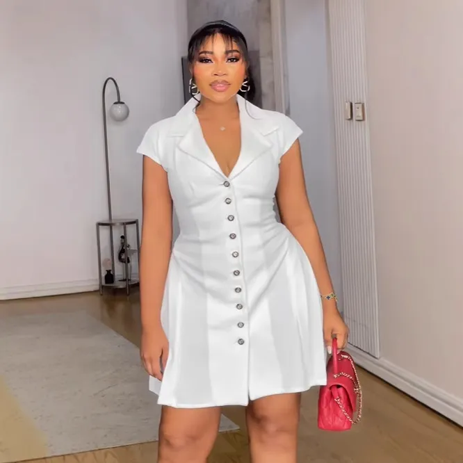 Women Fashion Elegant Lapel Short-Sleeve Single Breasted Slim Fit Pleated Dress