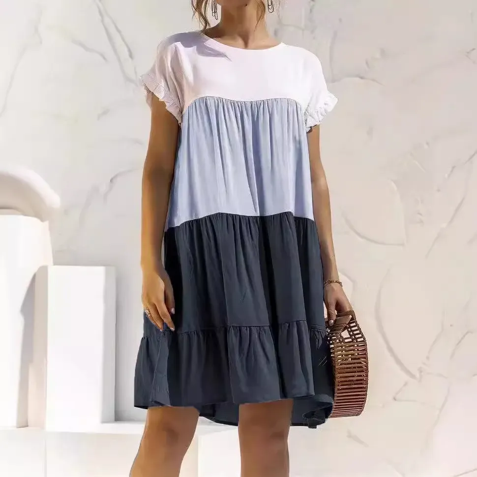 Women Fashion Casual Color Block Round Neck Short Sleeve Loose Dress - Image 3