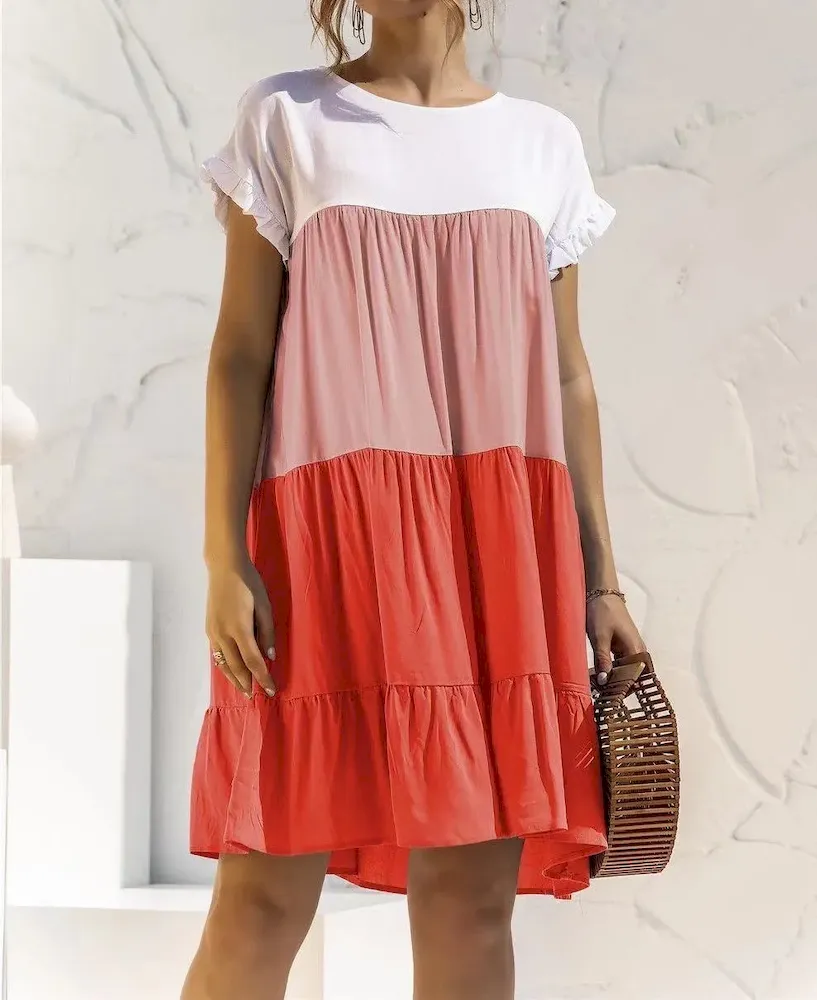 Women Fashion Casual Color Block Round Neck Short Sleeve Loose Dress - Image 7