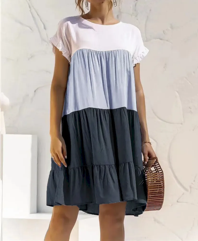 Women Fashion Casual Color Block Round Neck Short Sleeve Loose Dress - Image 9