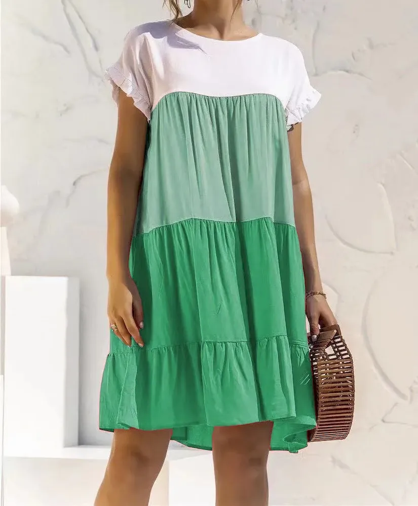 Women Fashion Casual Color Block Round Neck Short Sleeve Loose Dress - Image 10