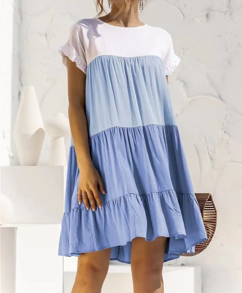 Women Fashion Casual Color Block Round Neck Short Sleeve Loose Dress - Image 13