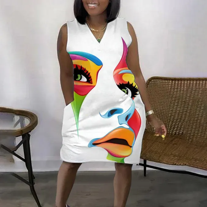 Women Fashion Casual V-Neck Sleeveless Loose Dress