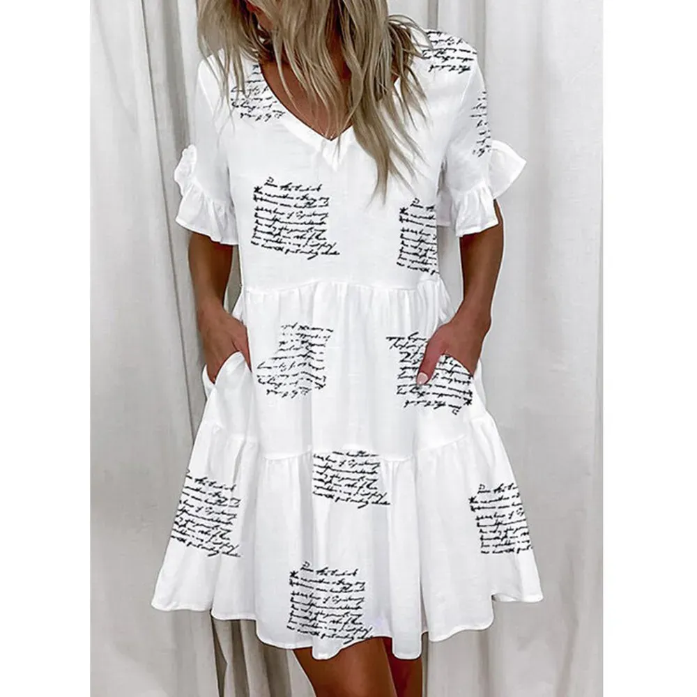 Women Fashion Casual Printed Color Block V-Neck Short-Sleeve Loose Dress - Image 4