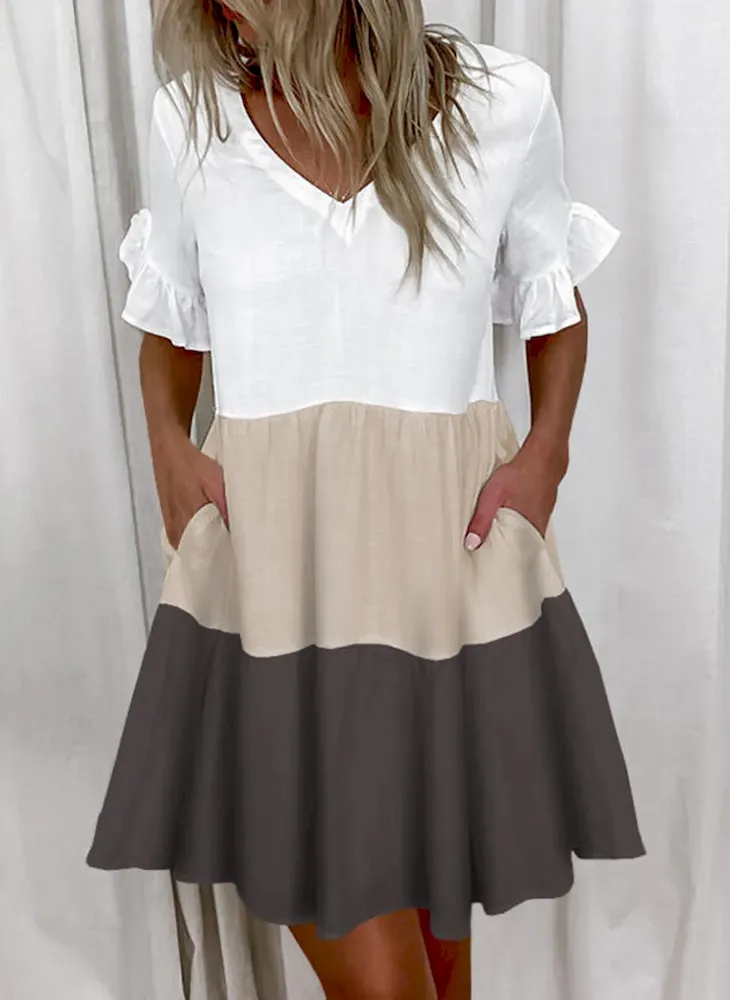 Women Fashion Casual Printed Color Block V-Neck Short-Sleeve Loose Dress - Image 12