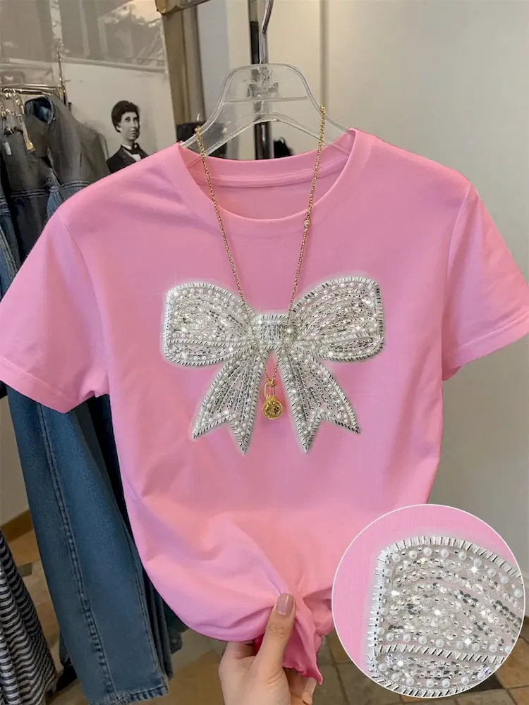 Summer Women Fashion Casual Loose Round Neck Bow Print Short Sleeve T-Shirt - Image 4