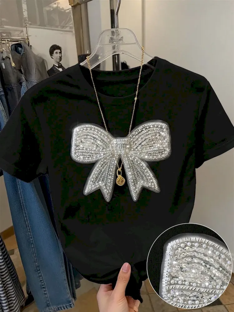 Summer Women Fashion Casual Loose Round Neck Bow Print Short Sleeve T-Shirt - Image 7