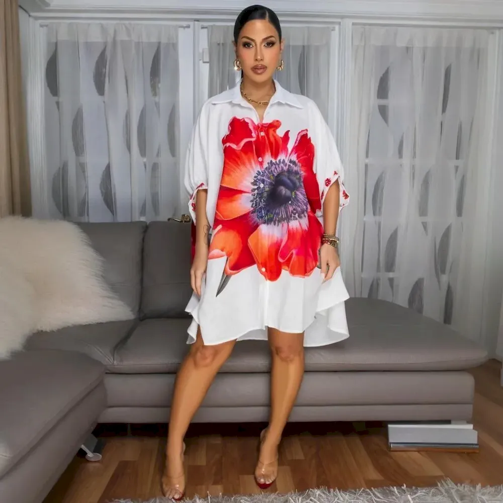 Women Casual Fashion Floral Printed Shirt Cardigan Dress - Image 3