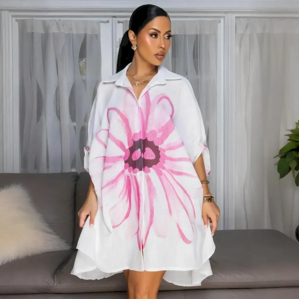 Women Casual Fashion Floral Printed Shirt Cardigan Dress - Image 4