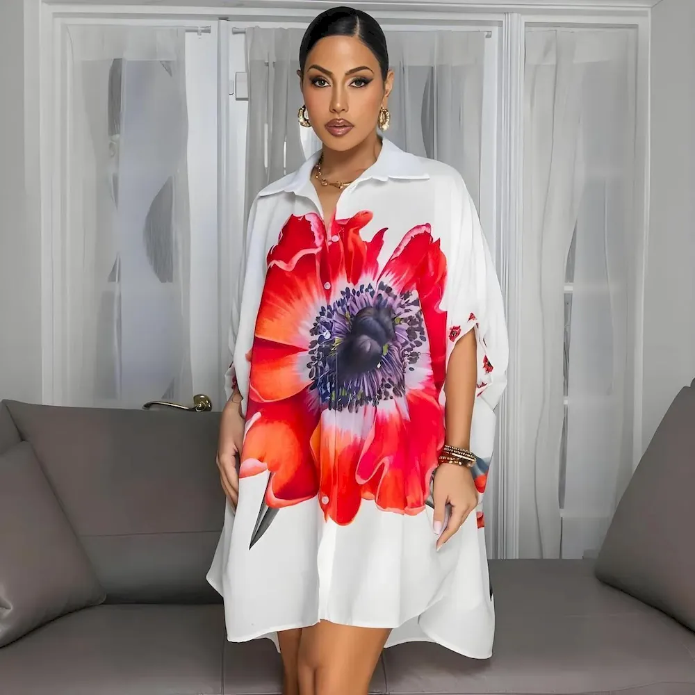 Women Casual Fashion Floral Printed Shirt Cardigan Dress - Image 6