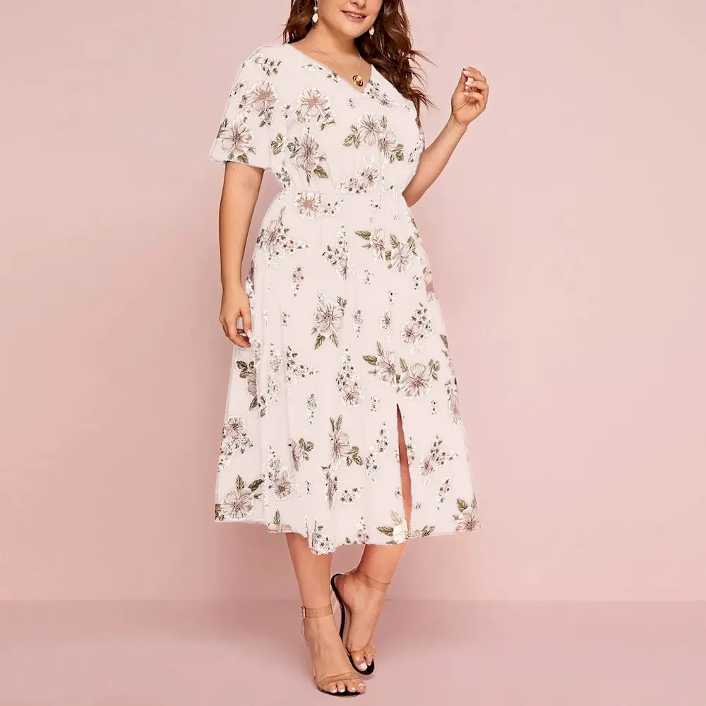 Women Fashion Casual Plus Size Chiffon Floral Printed V-Neck Short Sleeve Loose Dress - Image 3