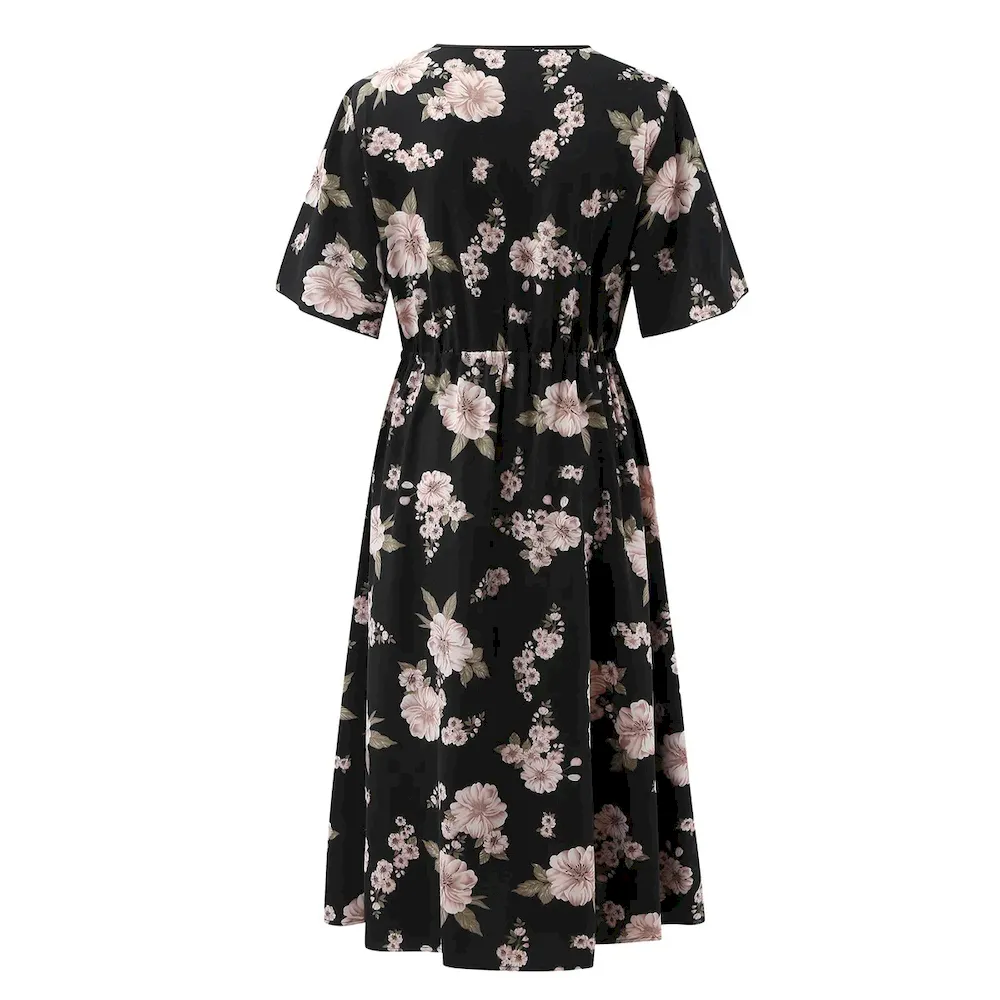Women Fashion Casual Plus Size Chiffon Floral Printed V-Neck Short Sleeve Loose Dress - Image 5