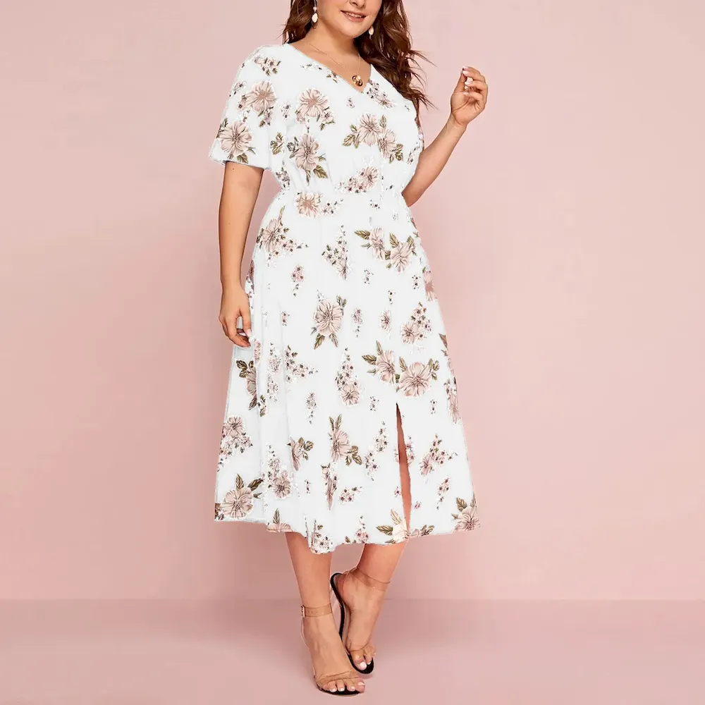 Women Fashion Casual Plus Size Chiffon Floral Printed V-Neck Short Sleeve Loose Dress - Image 6