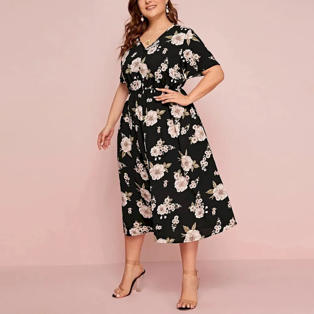 Women Fashion Casual Plus Size Chiffon Floral Printed V-Neck Short Sleeve Loose Dress - Image 7