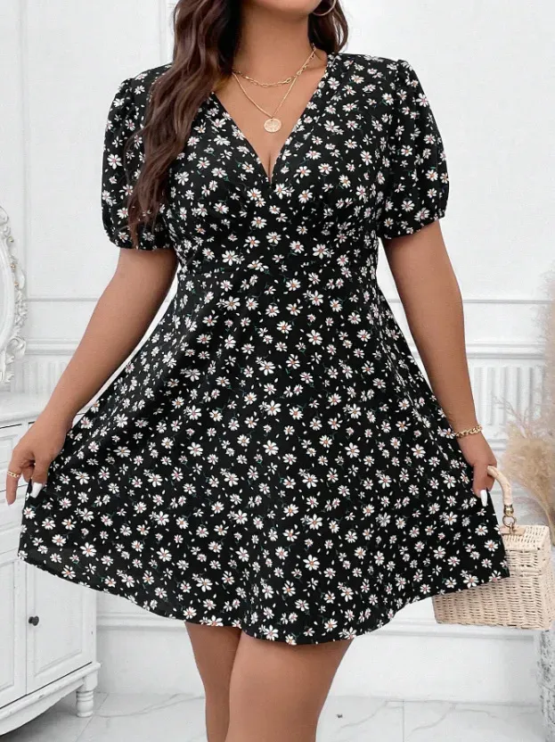 Women Fashion Casual Plus Size Floral Printed V-Neck Lantern Short-Sleeve Loose Dress - Image 3