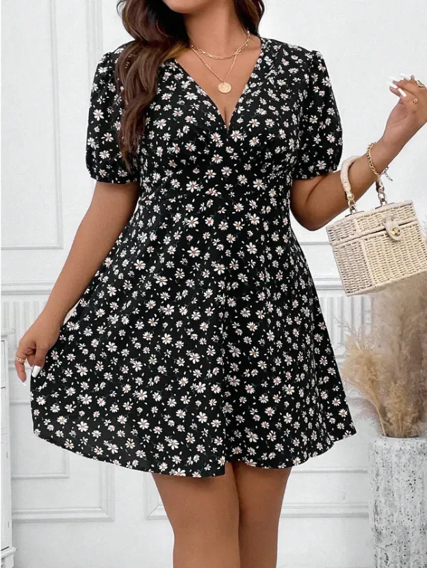 Women Fashion Casual Plus Size Floral Printed V-Neck Lantern Short-Sleeve Loose Dress - Image 4