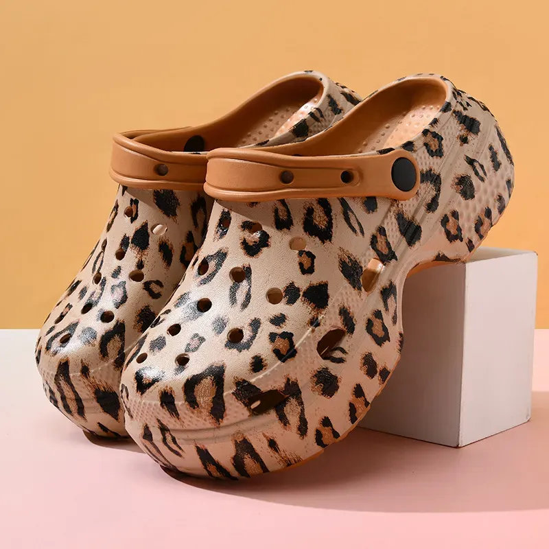 Women Fashion Casual Leopard Thick-Soled Non-Slip Hole Shoes Slippers