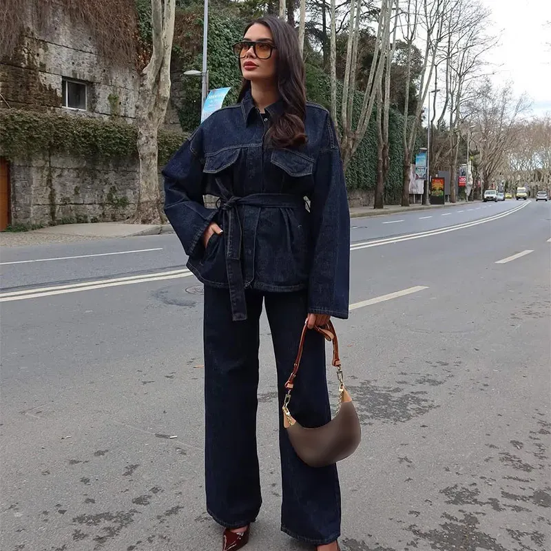 Women Fashion Casual Denim Lapel Long-Sleeve Lace-Up Coat Loose Jeans Two-Piece Set