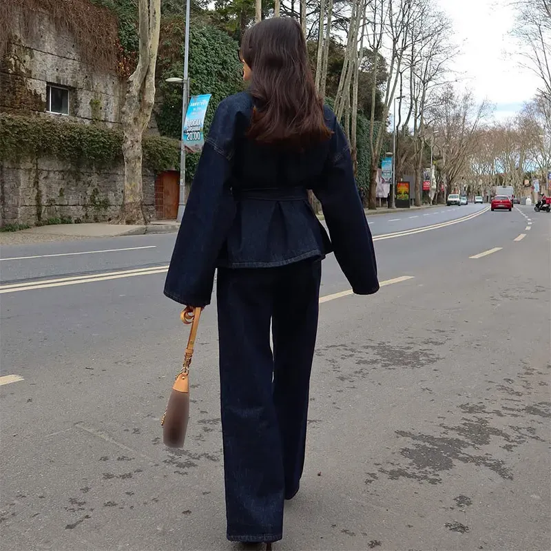 Women Fashion Casual Denim Lapel Long-Sleeve Lace-Up Coat Loose Jeans Two-Piece Set - Image 4