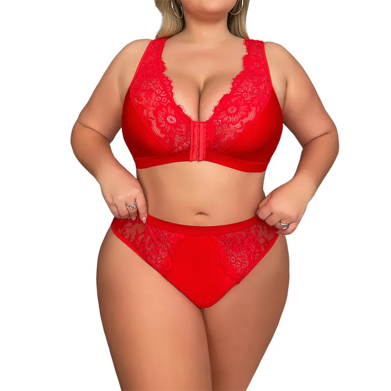 Women Fashion Plus Size Sexy Lace Adjustable Non-Steel Ring Bra Set - Image 4